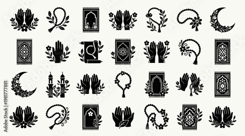 Islamic Prayer Essentials Icon Set with Hands Rosary and Rugs