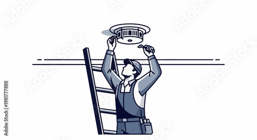 Person on ladder installing smoke detector on ceiling