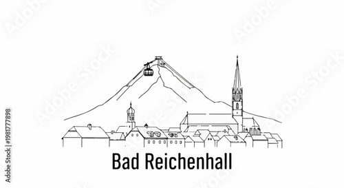 Mountain town with ski lift, church spire, and buildings