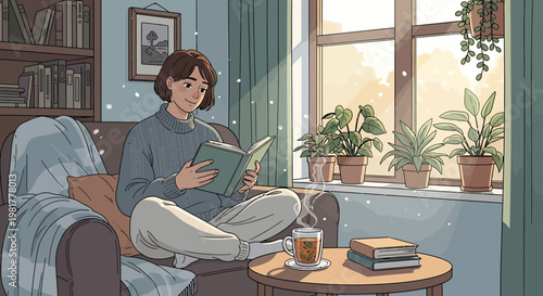 Cozy scene of a young woman reading a book by the window with plants and sunlight streaming in