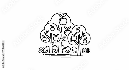 Minimalist line art depicts an orchard with apple trees and a small fence