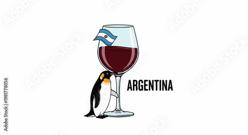Penguin sips wine from a glass with Argentinian flag