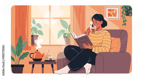 A woman enjoying a quiet, relaxing afternoon at home, engrossed in a book and sipping a warm beverage in her cozy, sunlit living room adorned with houseplants