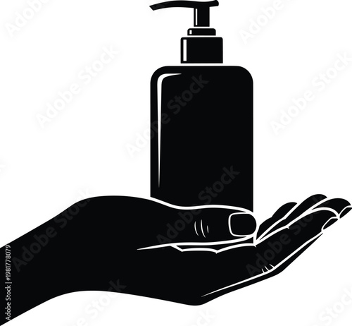 Hand holding soap dispenser bottle silhouette for skincare hygiene and cosmetic body lotion packaging design isolated on plain white background