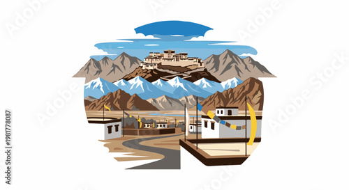 Mountainous landscape with a fort and prayer flags