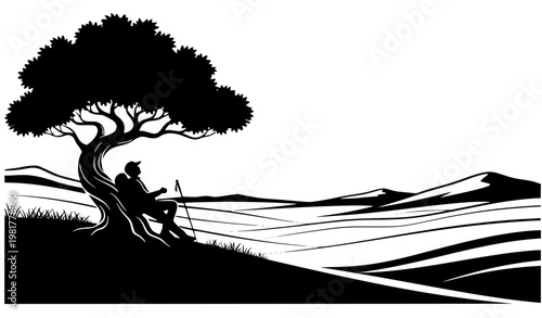Minimal Hiker and Twisted Tree Silhouette Vector Landscape with Valley View Isolated on White Background
