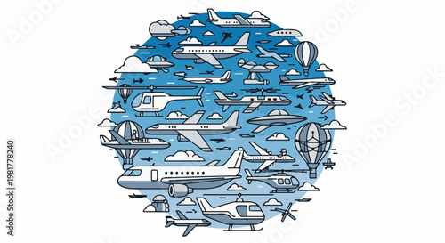 Numerous aircraft and hot air balloons populate a circular sky design