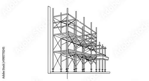 Multi-level metal scaffolding structure against a vertical support