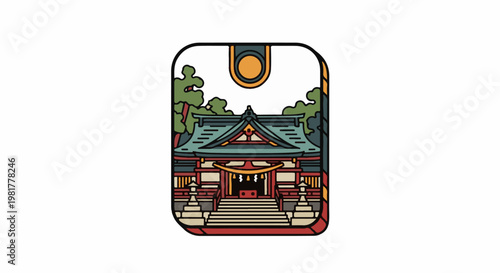 Ornate Japanese shrine with steps and trees under a bright sun