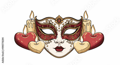 Ornate mask surrounded by heart-shaped candles and tall candles