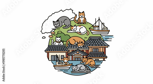 Numerous cartoon cats inhabit a quaint island village with traditional buildings and a sailboat