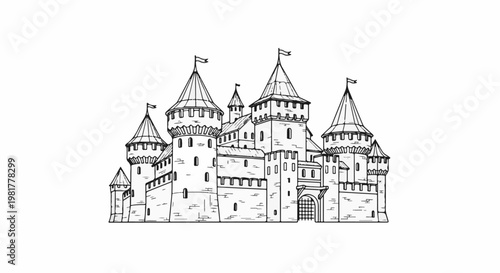 Ornate medieval castle with multiple towers and flags, sketched in black and white