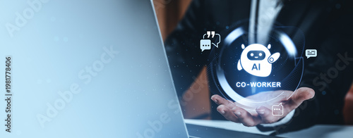 Foto Business hand presenting glowing ai co worker icon with digital chat symbols in futuristic tech concept sphere above laptop in modern workspace
