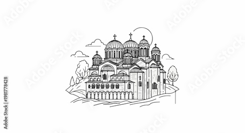 Ornate church with multiple domes on a grassy hill
