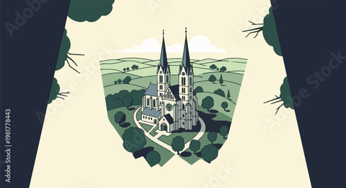 Ornate church with twin spires stands amidst rolling hills and trees