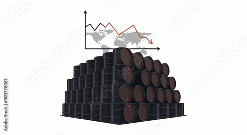 Oil barrels stacked with a downward trending graph over a world map