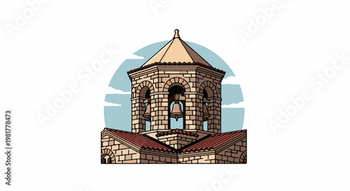 Old stone bell tower with arched openings and hanging bells, set against sky