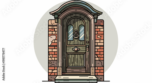 Old brick facade with a weathered, arched wooden door and windows