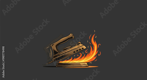 Old iron on a fiery base with flames licking upwards