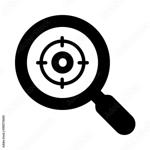 Foto Target Discovery : A target symbol inside a magnifying glass, depicting the identification of a specific system vulnerability or target