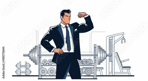 Muscular businessman in suit flexing arm in gym with weights