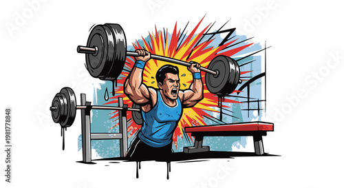 Muscular man intensely lifting weights in a gym setting, bursting with energy