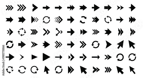 Collection of diverse black arrow and circular rotation symbols on white
