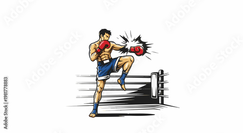 Muscular man in boxing gloves delivering a powerful knee strike in a ring