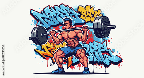 Muscular man lifting weights in front of vibrant graffiti art
