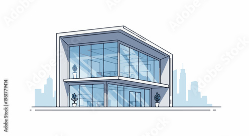 Modern two-story glass building with plants, city skyline silhouette