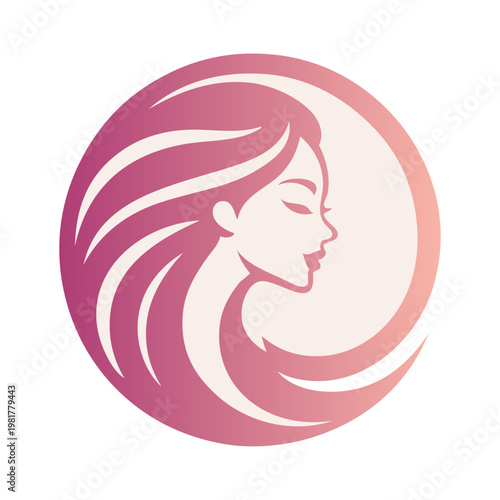 Logotipo de salón de belleza. Dibujo minimalista con la silueta de una cara de mujer con peinado con ondas en círculo