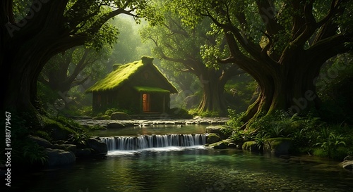 Serene forest cabin with waterfall stream.