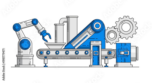Automated Industrial Production Line with Robotic Arm.