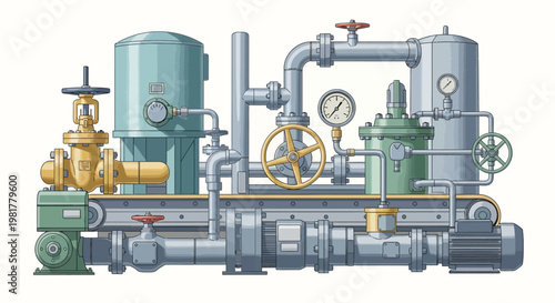 Complex Industrial Pumping Station Equipment Illustration.