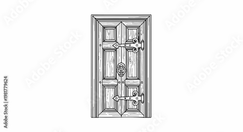 Ornate vintage wooden door with decorative hinges and ring knocker