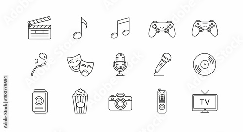 Collection of entertainment icons and devices.