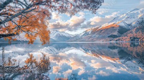 Serene Natural Landscape with Calm Lake and Snow-Capped Mountains
