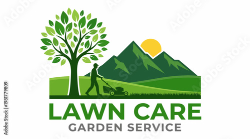 This logo features a green tree, mountains, and a person mowing grass, highlighting a lawn care and garden service that emphasizes nature and sustainability.