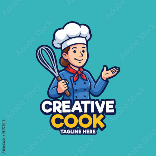 A vibrant logo depicting a friendly chef character with a whisk, perfect for culinary businesses, cooking classes, or food-related ventures looking for a playful identity.
