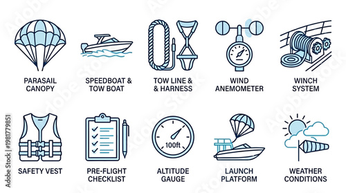 Collection of Linear Icons Representing Parasailing Equipment, Safety Gear, Weather Instruments, and Launch Platforms for Outdoor Activities