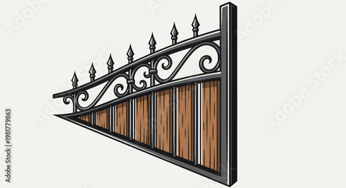 Ornate wrought iron gate with wooden panels and spikes on top