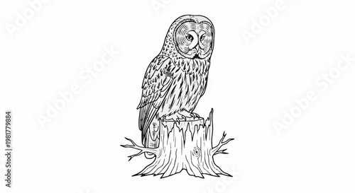 Ornately drawn owl perched on a weathered tree stump with sparse branches