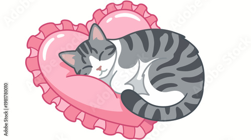 A cute illustration of a gray and white cat peacefully napping on a charming heart-shaped pillow, illustrating warmth, comfort, and the love of pets in a cozy environment.