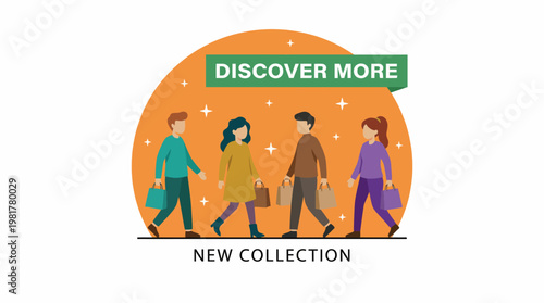 This vibrant illustration showcases a group of diverse shoppers, each carrying bags, actively exploring a new collection, representative of modern retail trends.