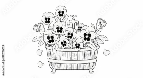 Pansies overflowing from a wooden tub with a water faucet