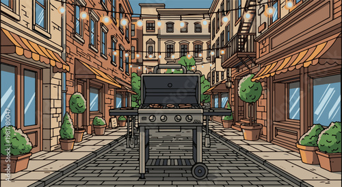 Outdoor grill cooking on a cobblestone street with buildings and lights
