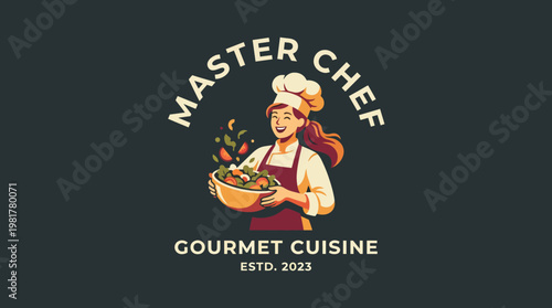 A vibrant illustration of a cheerful chef joyfully presenting a bowl filled with fresh ingredients, perfect for the culinary industry or gourmet branding.