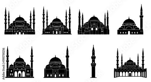 Islamic mosque silhouette collection, traditional arabic building icons set, black religious architecture vector elements for ramadan and eid