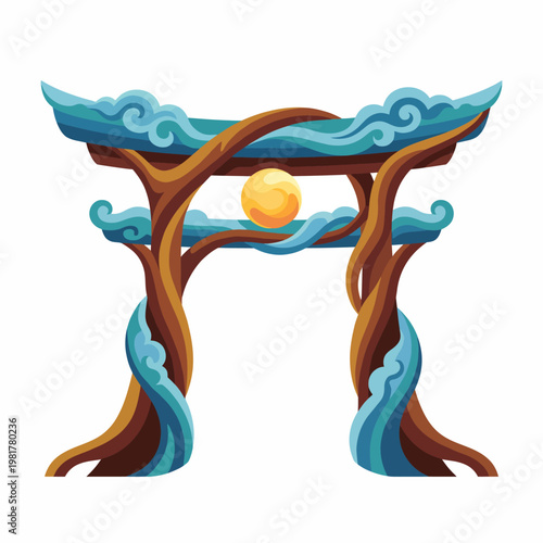 An artistic representation of a torii gate accentuated by flowing clouds and a radiant sun, symbolizing peace, tranquility, and the philosophical connections between nature and spirituality.