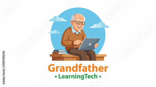 A cheerful elderly man sits comfortably, engaging with a tablet. He embodies the joy of learning and adapting to new technology in a warm, inviting environment.